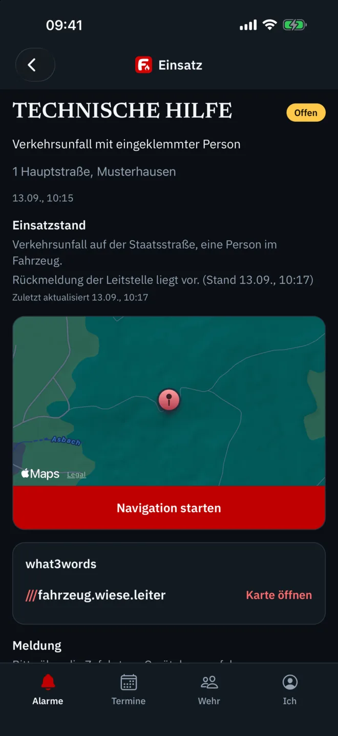 Florivio-App: Alarm mit Stichwort, Karte der Einsatzstelle und Navigation