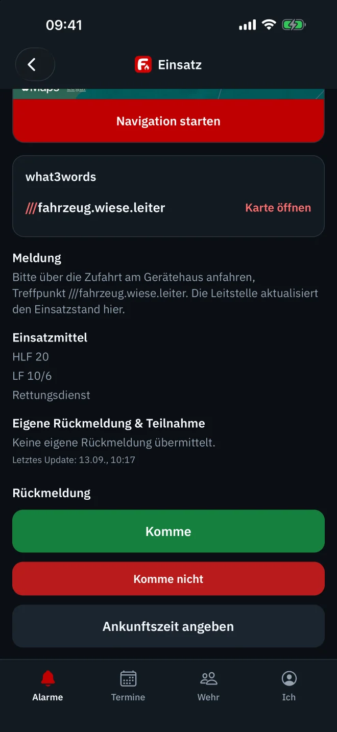 Florivio-App: Rückmeldung zum Alarm mit Komme, Komme nicht und Ankunftszeit