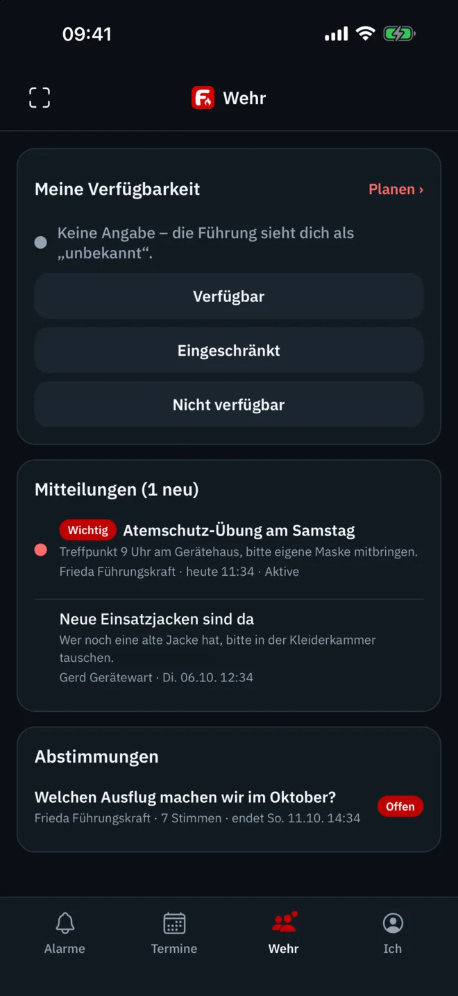 Florivio-App, Bereich Wehr: eigene Verfügbarkeit, Mitteilungen und Abstimmungen