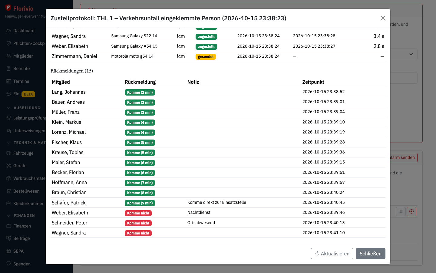 Rückmeldungen zu einem Alarm in der Florivio-Web-App: Komme mit Ankunftszeit in Minuten und Komme nicht mit Notiz