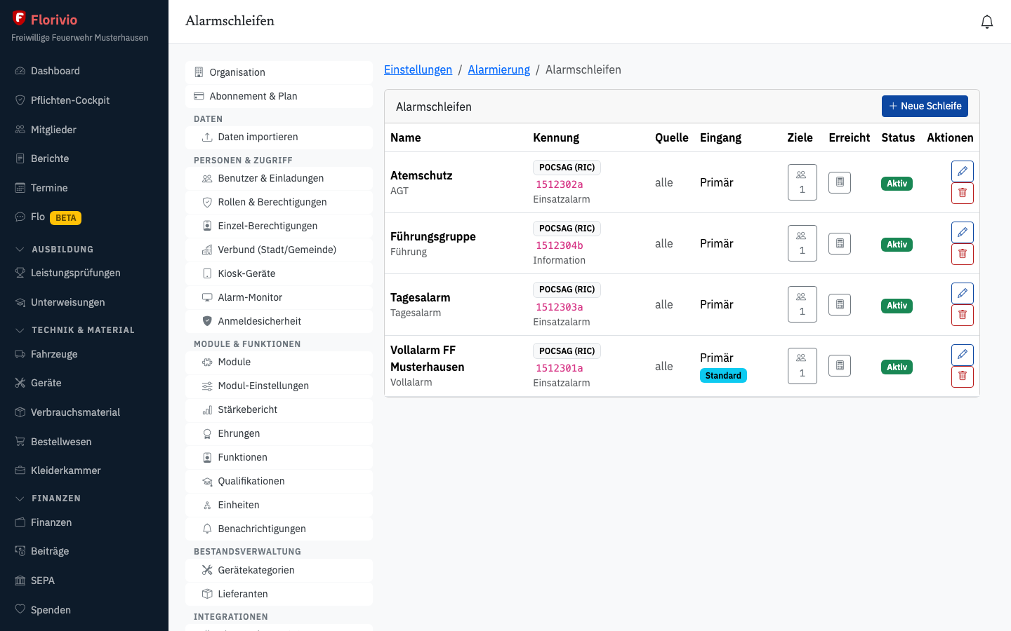 Alarmschleifen in der Florivio-Web-App: Vollalarm, Atemschutz, Tagesalarm und Führungsgruppe mit Kennung, Eingang und Alarmgruppe