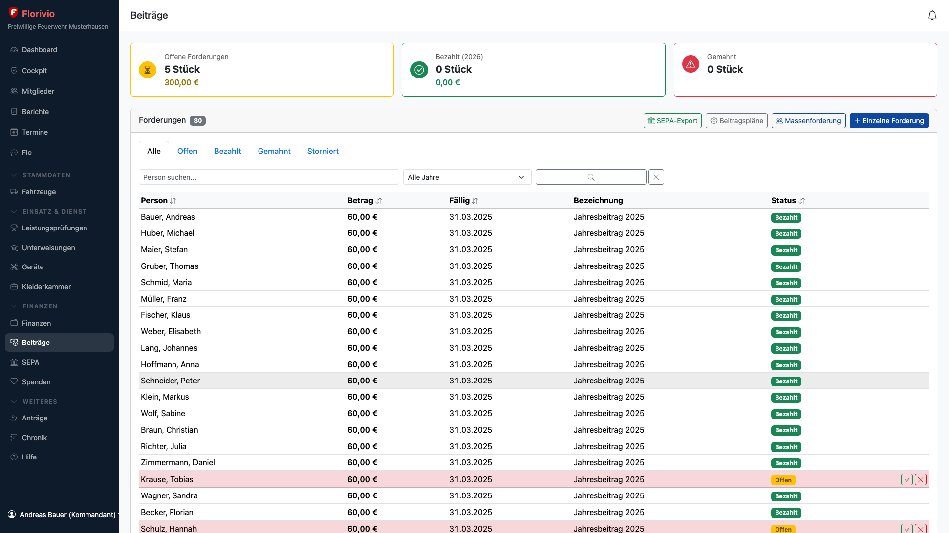 Beitragsforderungen mit Status-Tabs und Zahlungs-Workflow