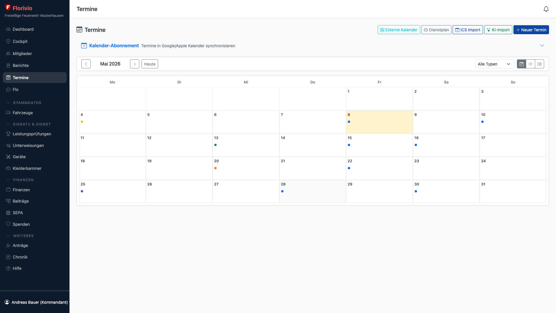Terminkalender mit Veranstaltungen und RSVP-Status