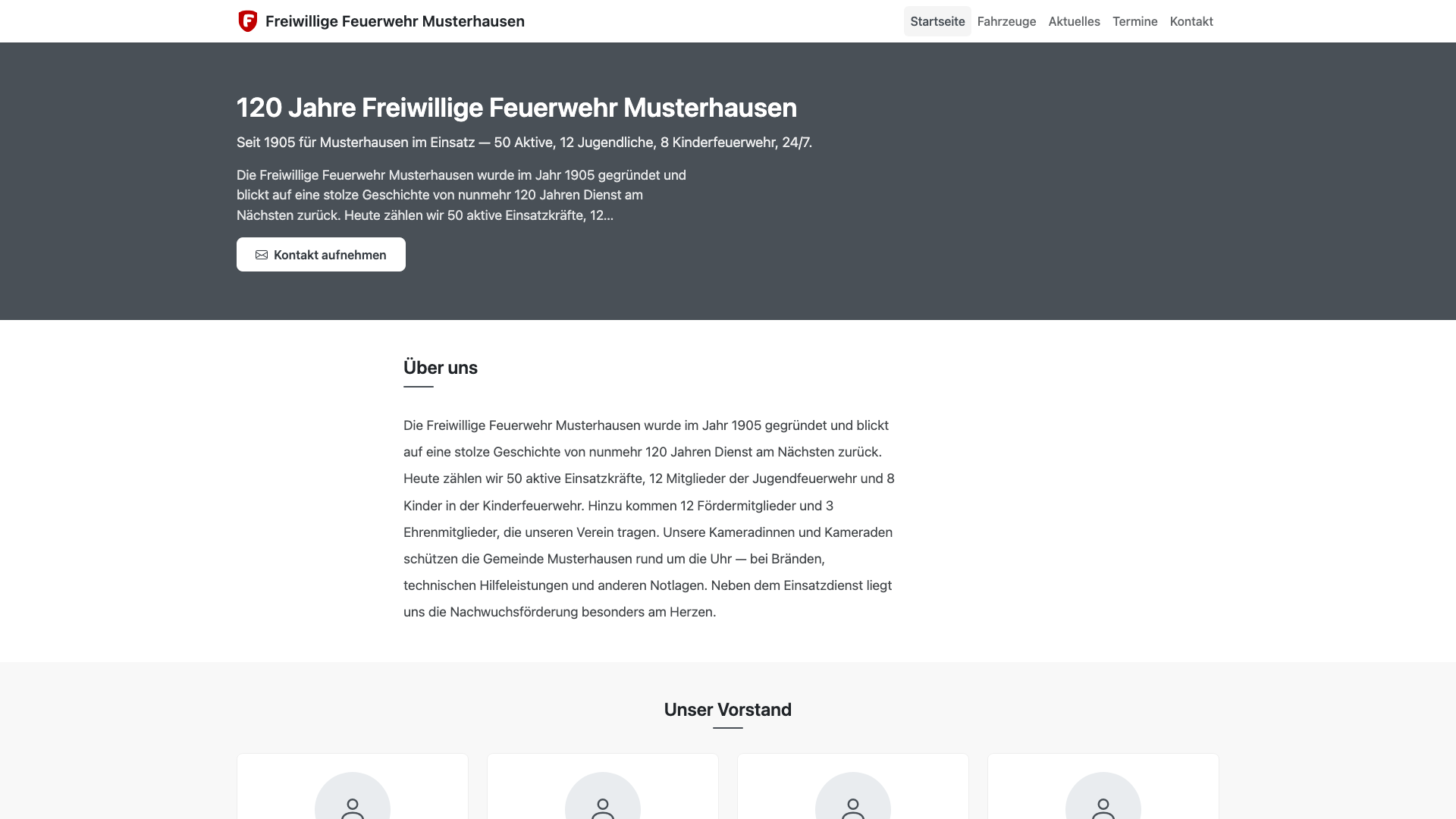 Fertige Vereins-Website: Startseite der Feuerwehr Musterstadt
