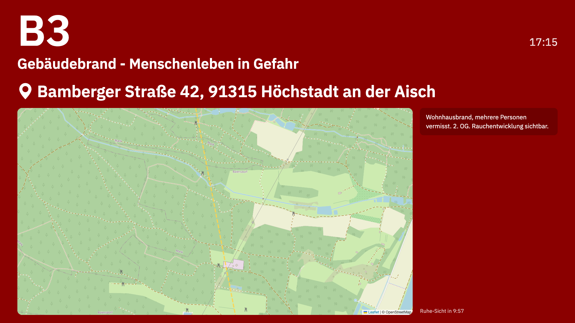Alarm-Monitor in der Einsatzsicht: großes Einsatzstichwort, Adresse und Karte mit Anfahrt vom Gerätehaus